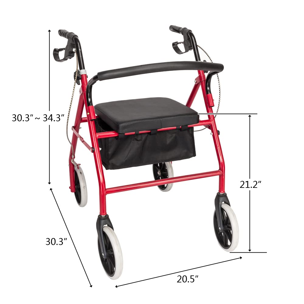Red Height Adjustable Steel Rolling Walker with Seat C784