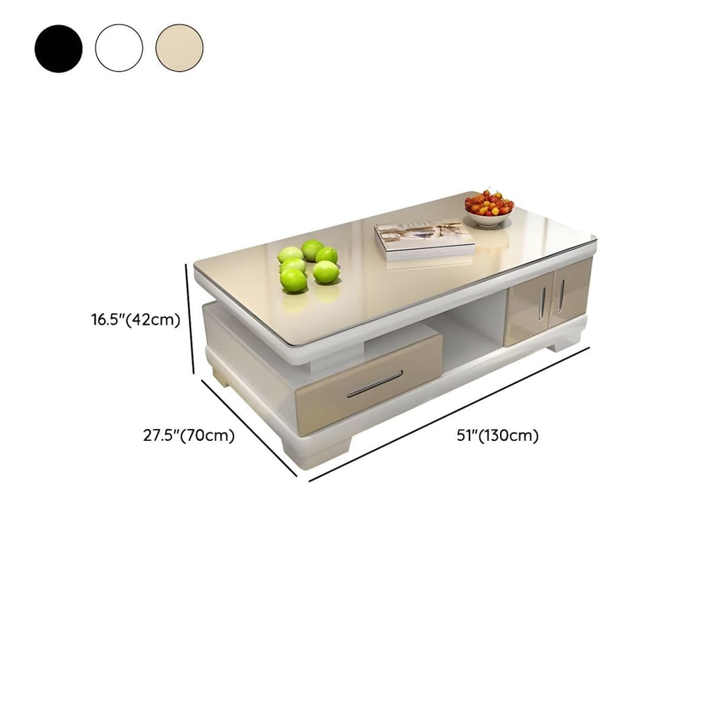 Modern Rectangular Glass Coffee Table with White Wood Base and Storage F5387