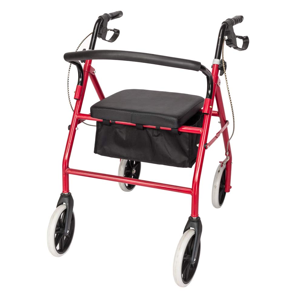 Red Height Adjustable Steel Rolling Walker with Seat C784