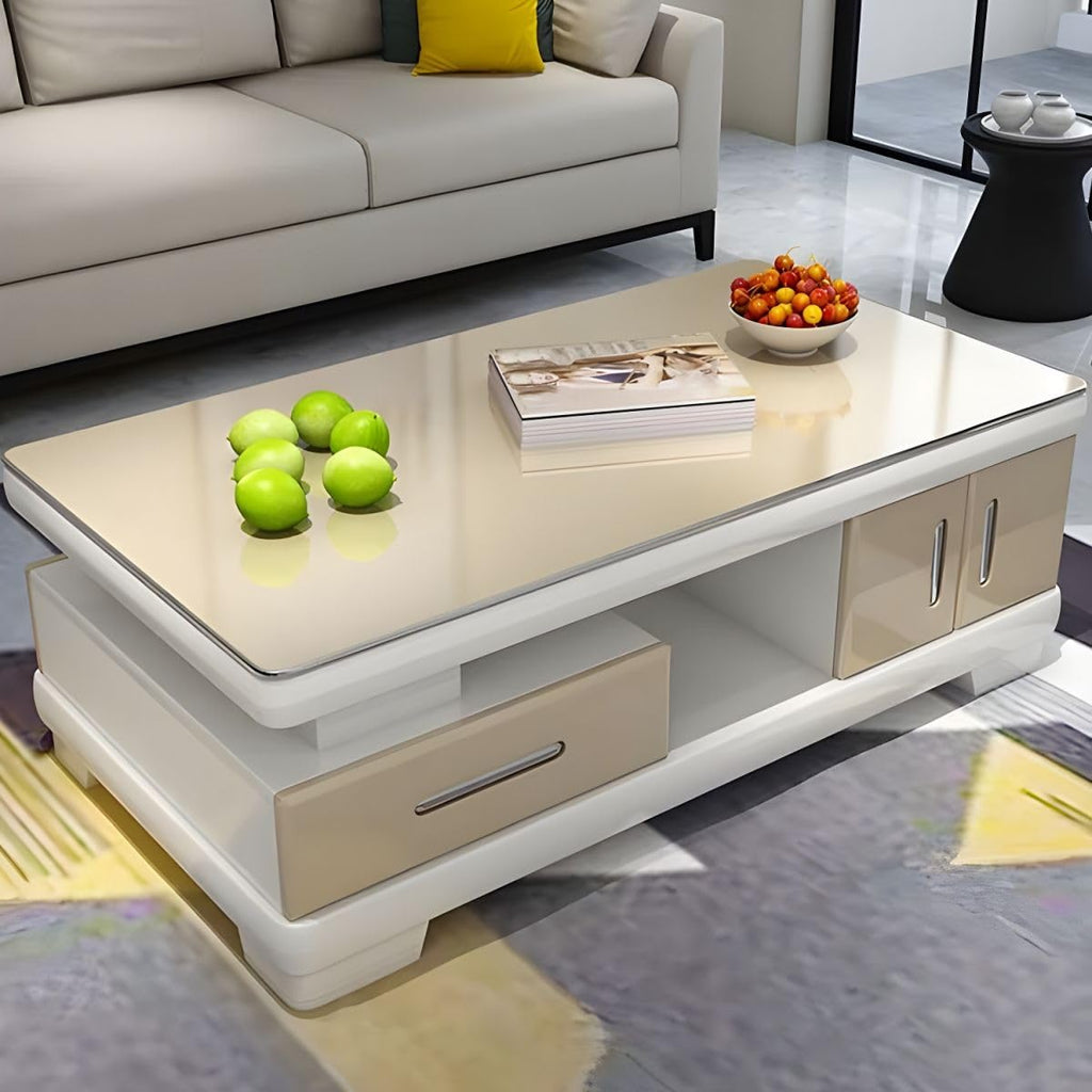 Modern Rectangular Glass Coffee Table with White Wood Base and Storage F5387