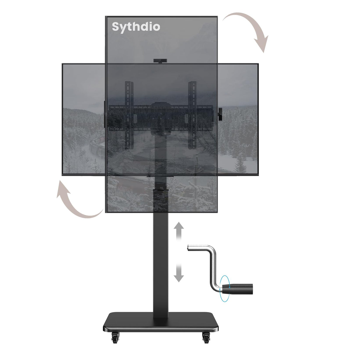 Mobile TV Stand on Wheels with 90° Swivel, Hand Crank Adjustable Height, for 42 to 75 inch TVs up to 110 lbs (Black) F4097