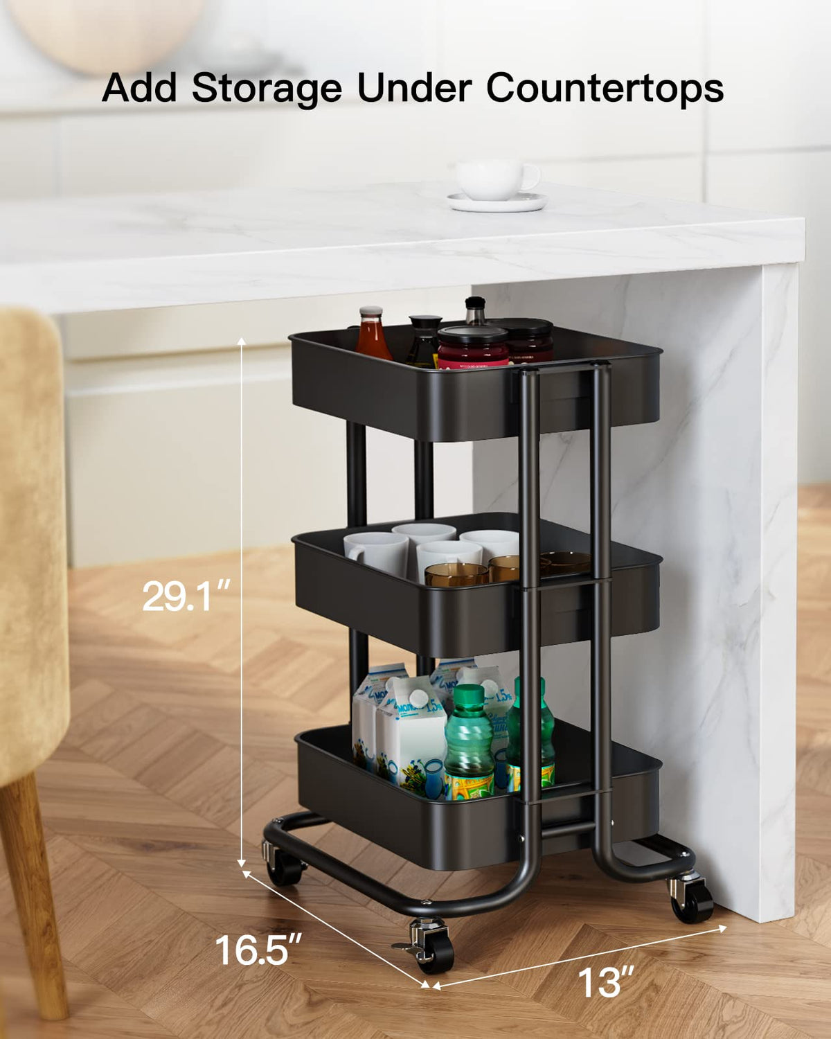 3 Tier Metal Rolling Utility Cart with Lockable Wheels, Black C7557