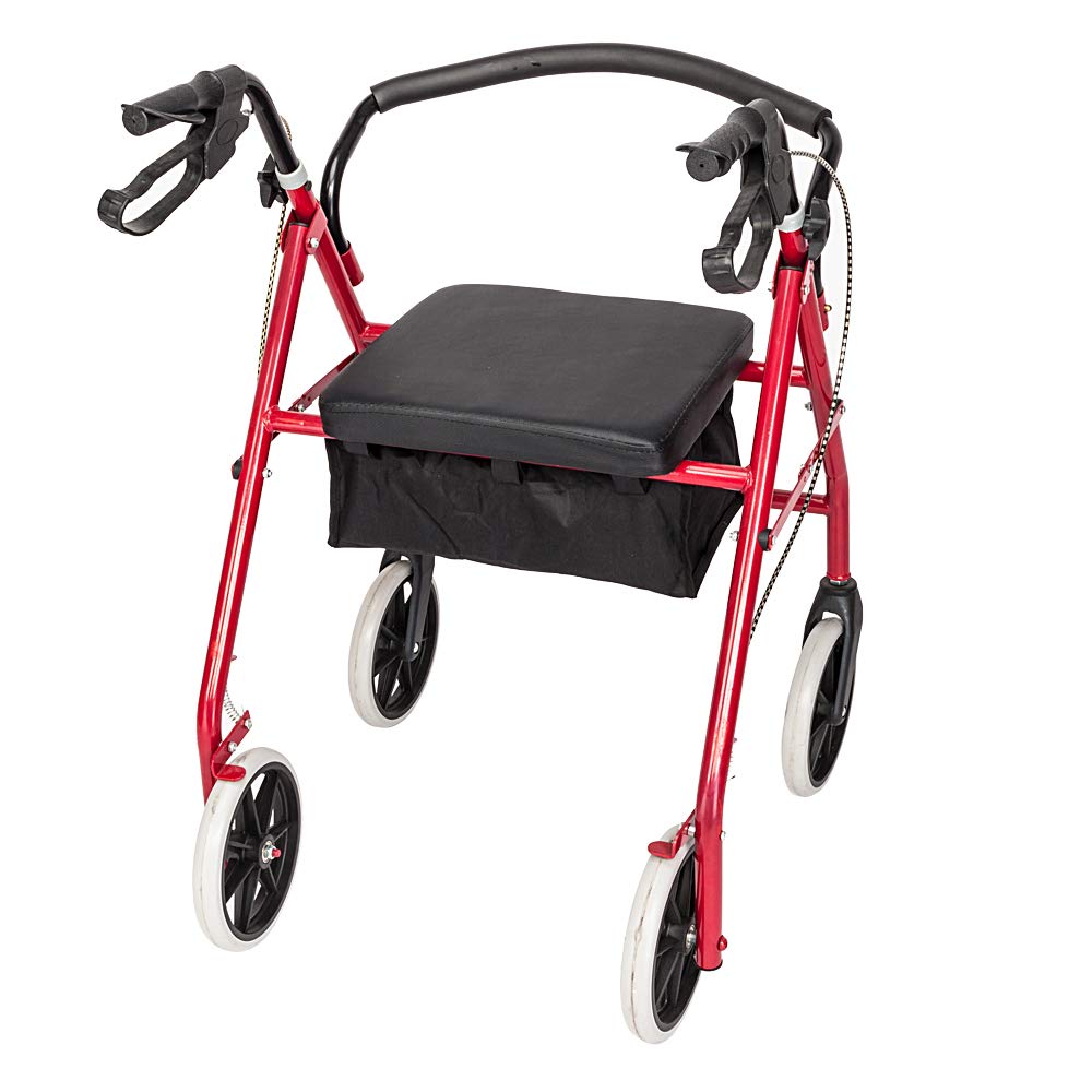 Red Height Adjustable Steel Rolling Walker with Seat C784