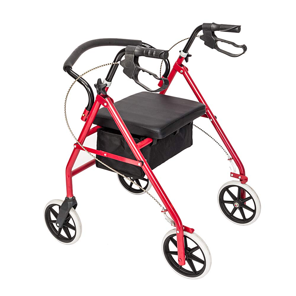 Red Height Adjustable Steel Rolling Walker with Seat C784