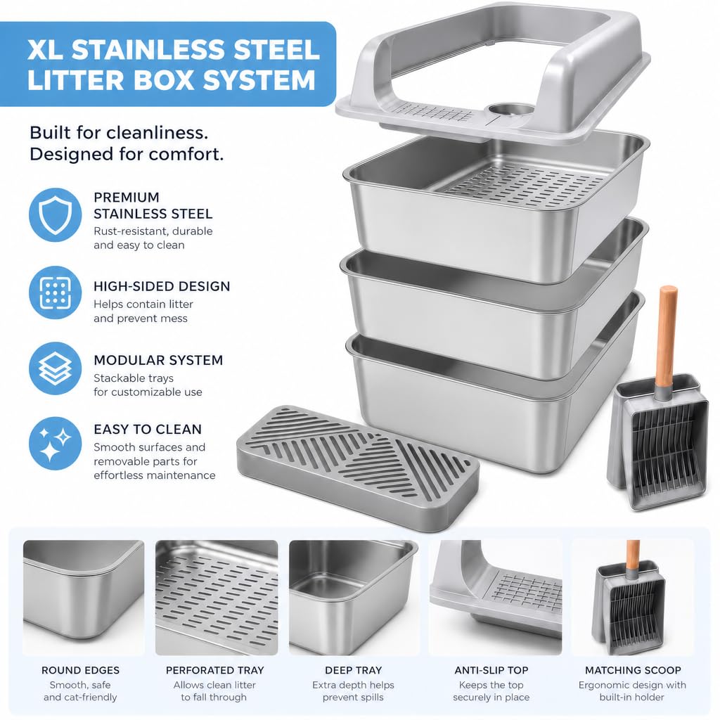 XL Stainless Steel Sifting Cat Litter Box with High Sides Y63886