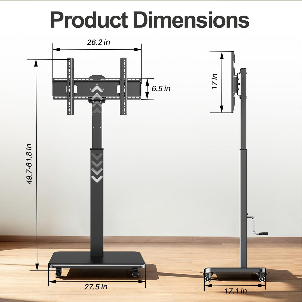 Mobile TV Stand on Wheels with 90° Swivel, Hand Crank Adjustable Height, for 42 to 75 inch TVs up to 110 lbs (Black) F4097