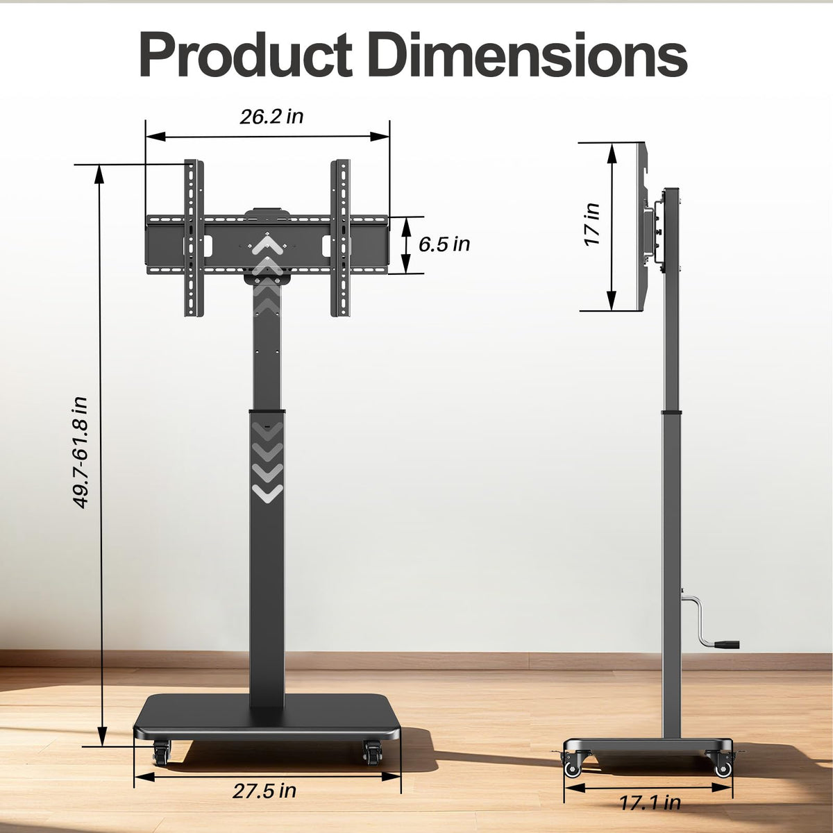 Mobile TV Stand on Wheels with 90° Swivel, Hand Crank Adjustable Height, for 42 to 75 inch TVs up to 110 lbs (Black) F4097