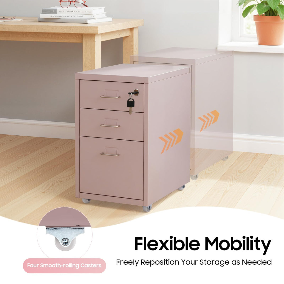 Pink 3 Drawer Metal File Cabinet with Lock O3621