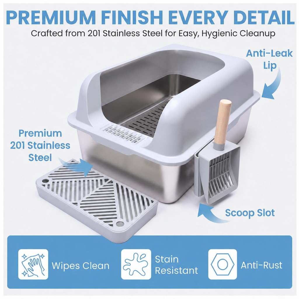 XL Stainless Steel Sifting Cat Litter Box with High Sides Y63886