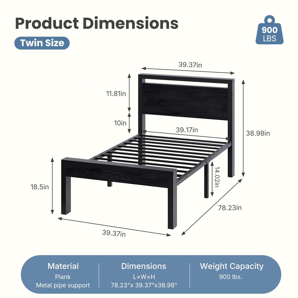 Black Twin Metal Bed Frame with Wooden Headboard and Footboard T1827