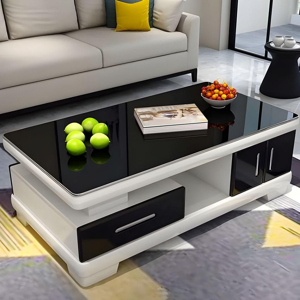 Modern Rectangular Glass Coffee Table with White Wood Base and Storage F5387