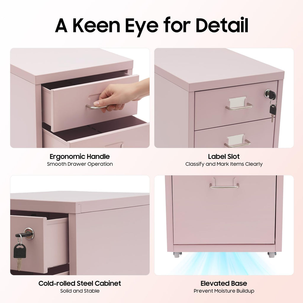 Pink 3 Drawer Metal File Cabinet with Lock O3621