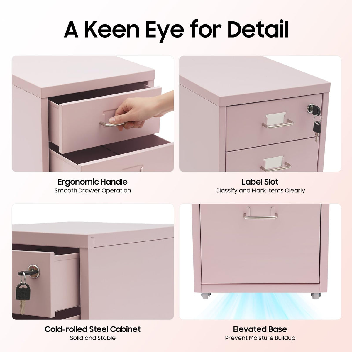 Pink 3 Drawer Metal File Cabinet with Lock O3621