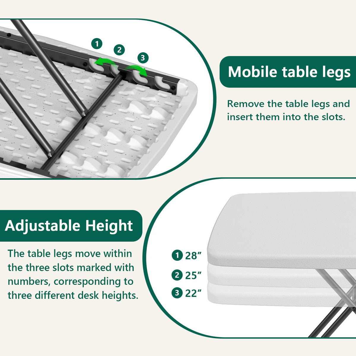 Folding Table 30 Inch Adjustable Height White Granite E890057