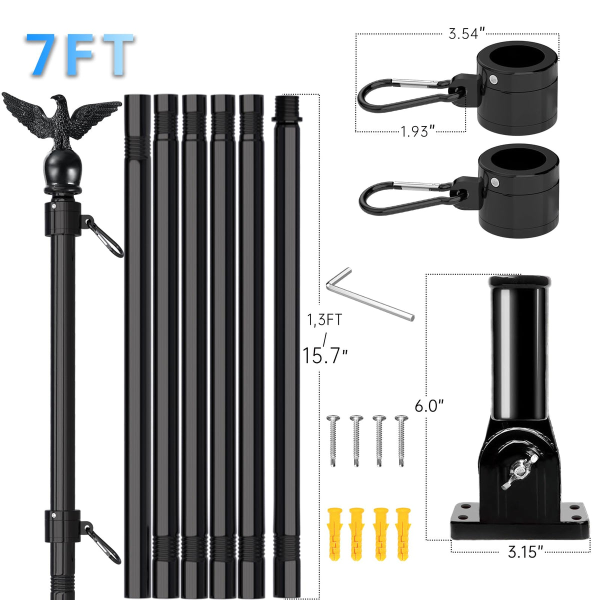 7FT Stainless Steel Flag Pole Kit with Solar Light and Adjustable Bracket M79492