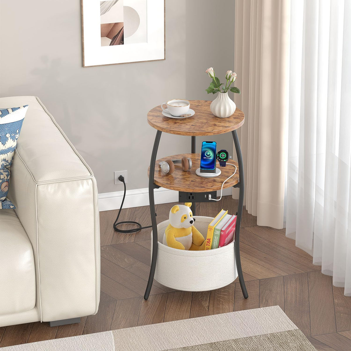 3-Tier Round End Table with Charging Station E21298