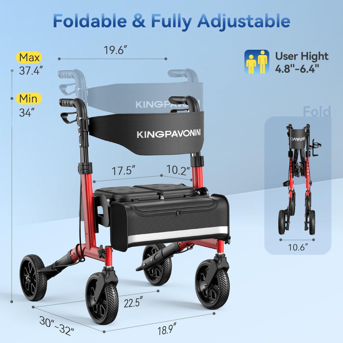 Foldable Rollator Walker with Seat, 380 lbs, Red R170885