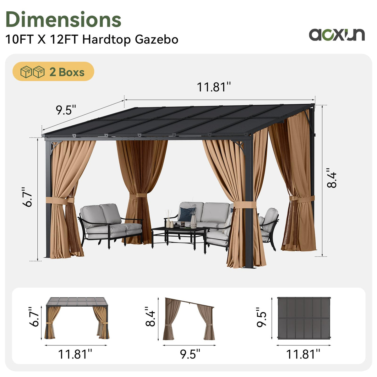 12'x10' Lean to Gazebo with Mosquito Net and Curtains, Brown S286