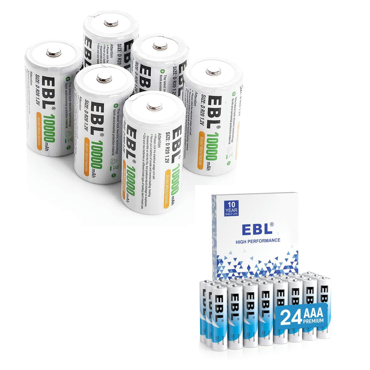 D Size Rechargeable Batteries 6 Pack, AAA Batteries 24 Pack N75955