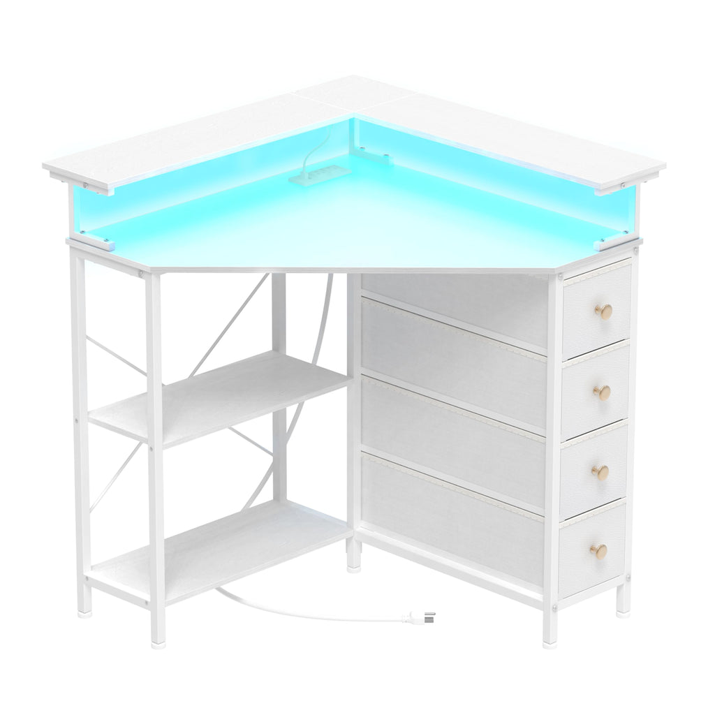White Corner Desk with Drawers Shelves and Power Outlets Z90892