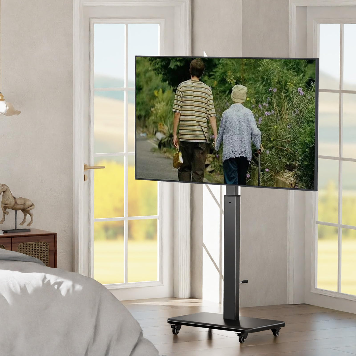 Mobile TV Stand on Wheels with 90° Swivel, Hand Crank Adjustable Height, for 42 to 75 inch TVs up to 110 lbs (Black) F4097