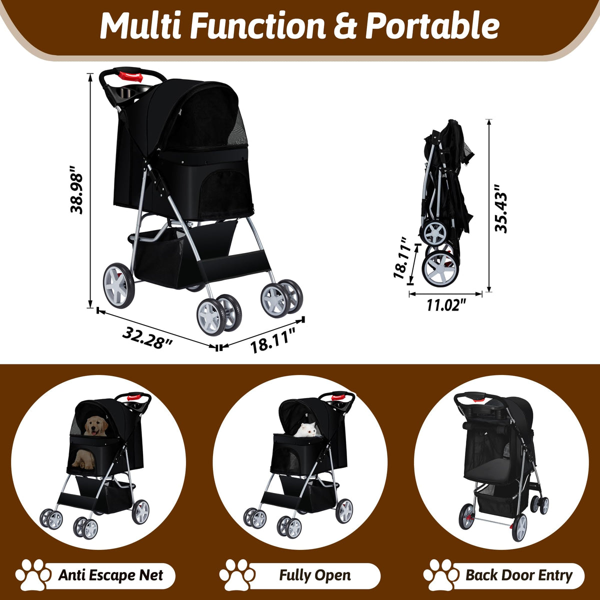 Foldable Pet Stroller 4 Wheels Black Y6358