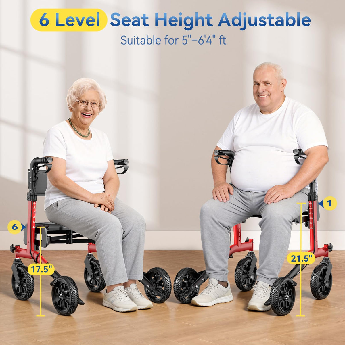 Foldable Rollator Walker with Seat, 380 lbs, Red R170885