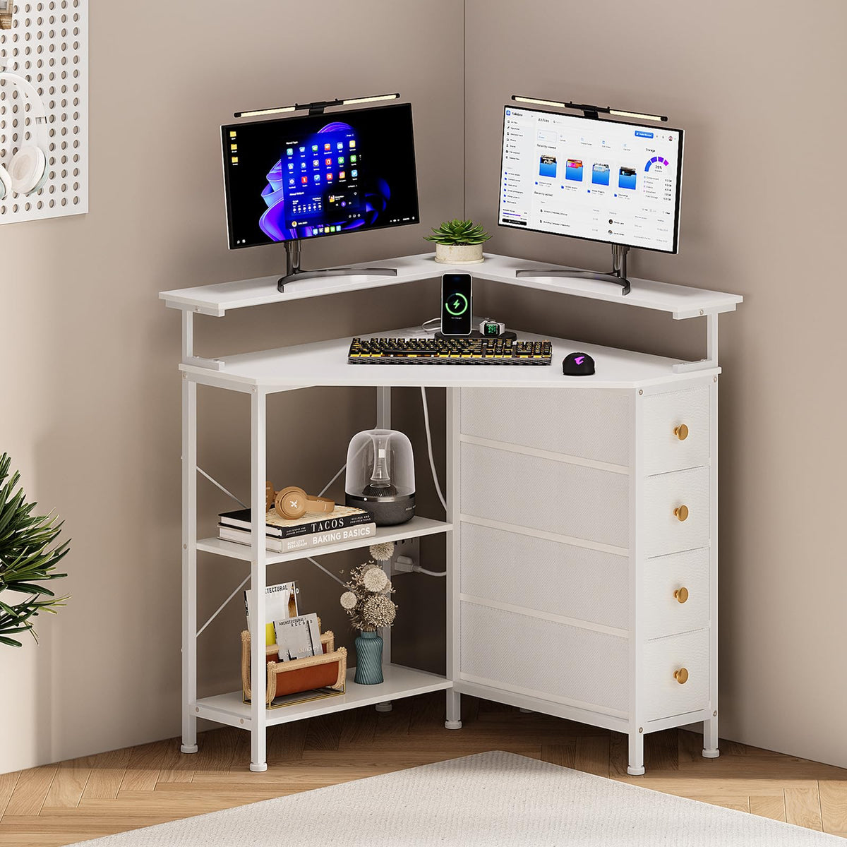 White Corner Desk with Drawers Shelves and Power Outlets Z90892