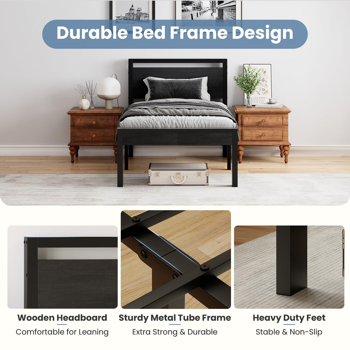 Black Twin Metal Bed Frame with Wooden Headboard and Footboard T1827