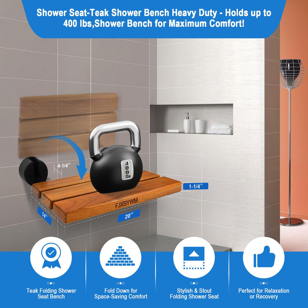 20" Teak Wall Mounted Fold Down Shower Seat 400 lbs Capacity M2172