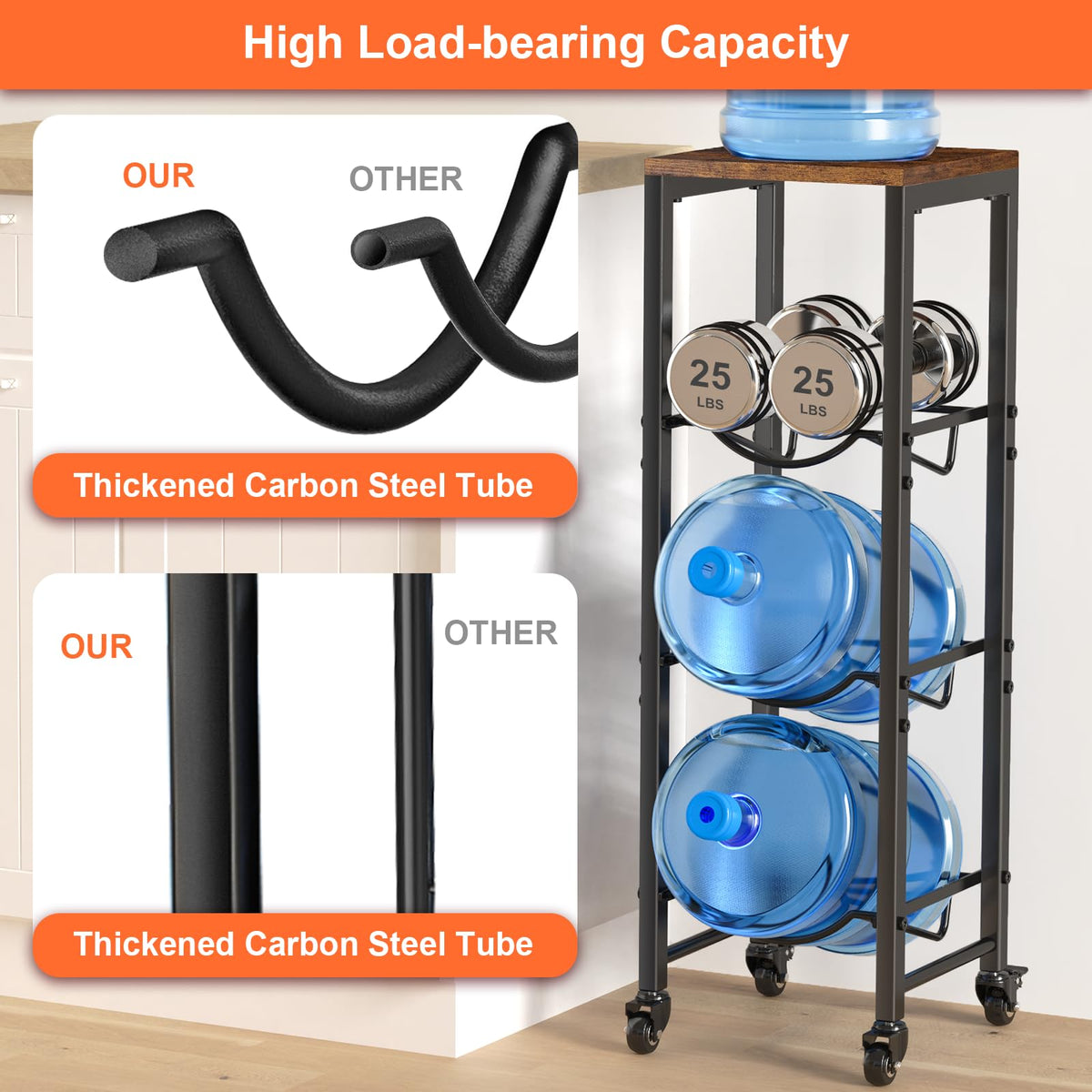 5 Gallon 3-Tier Water Bottle Holder with Lockable Casters Brown P3359