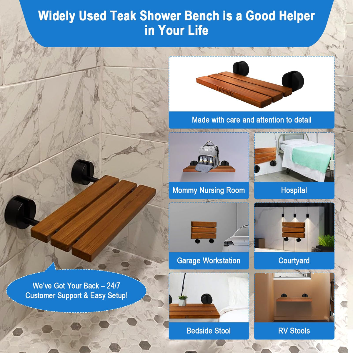 20" Teak Wall Mounted Fold Down Shower Seat 400 lbs Capacity M2172