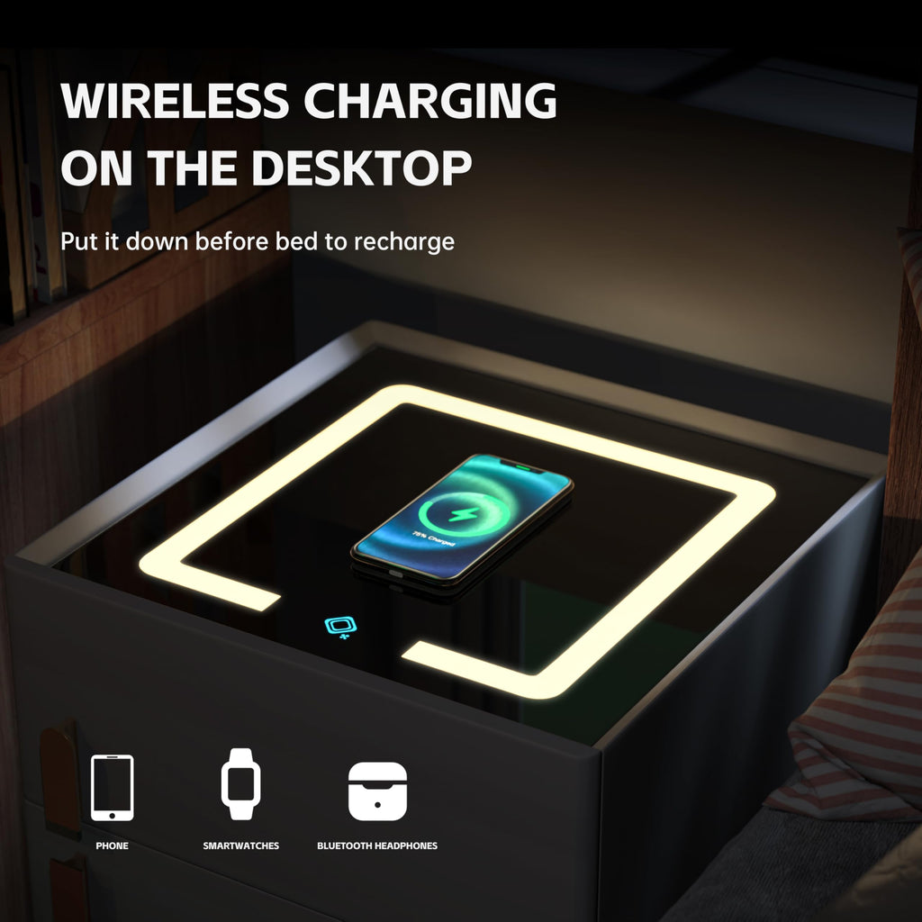 Wireless Charging Nightstand with Drawer and 3 LED Light J84466