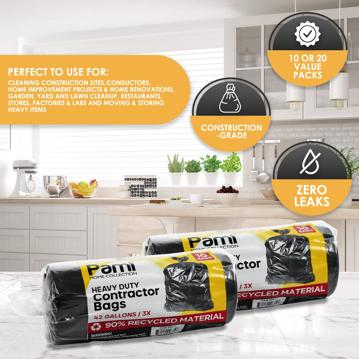 Heavy Duty 42-Gallon Contractor Trash Bags, Tear Resistant, Black, 10 Ct X333