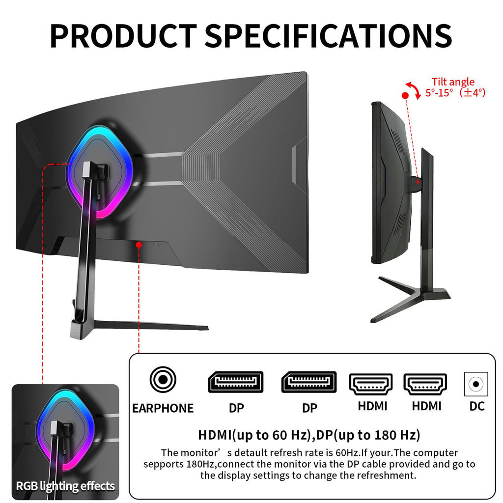 34 Inch Curved Ultrawide Monitor WQHD 165Hz 1ms HDR10 FreeSync G-Sync VESA Mount Compatible N144