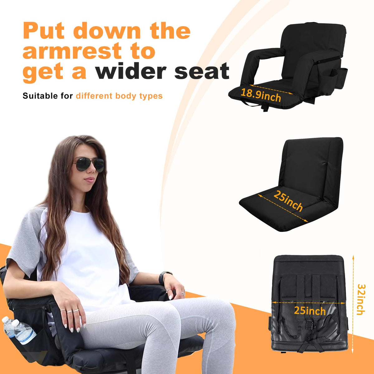 Folding Stadium Seat Set of 2, 25 inch Wide Black P844549