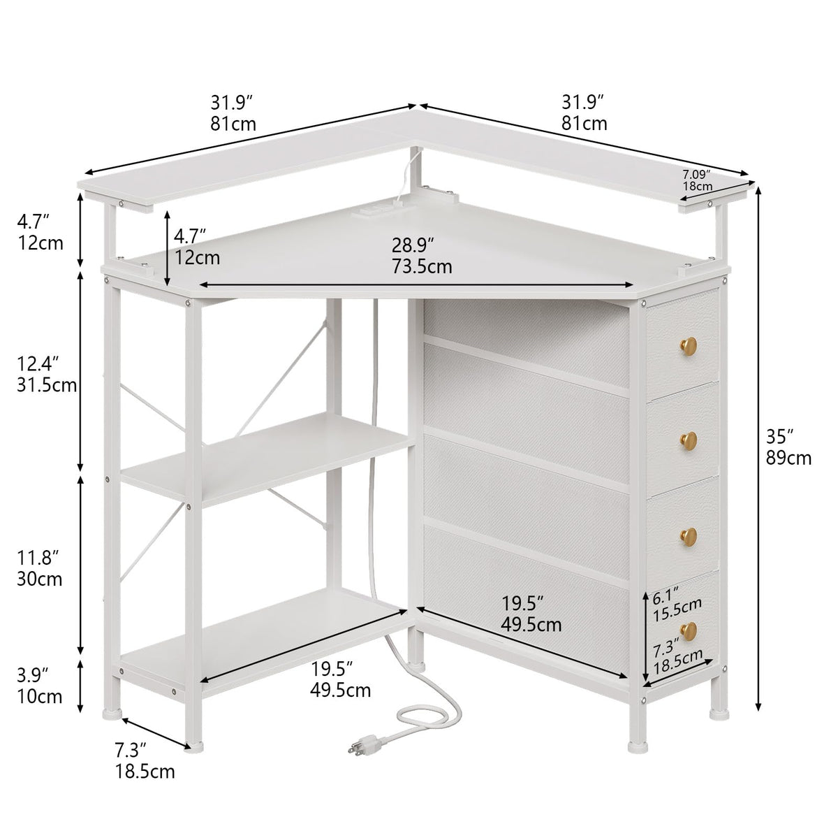 White Corner Desk with Drawers Shelves and Power Outlets Z90892