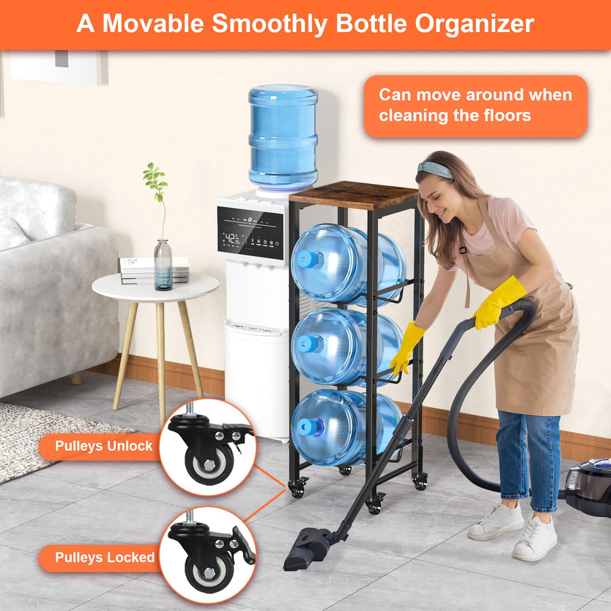 5 Gallon 3-Tier Water Bottle Holder with Lockable Casters Brown P3359