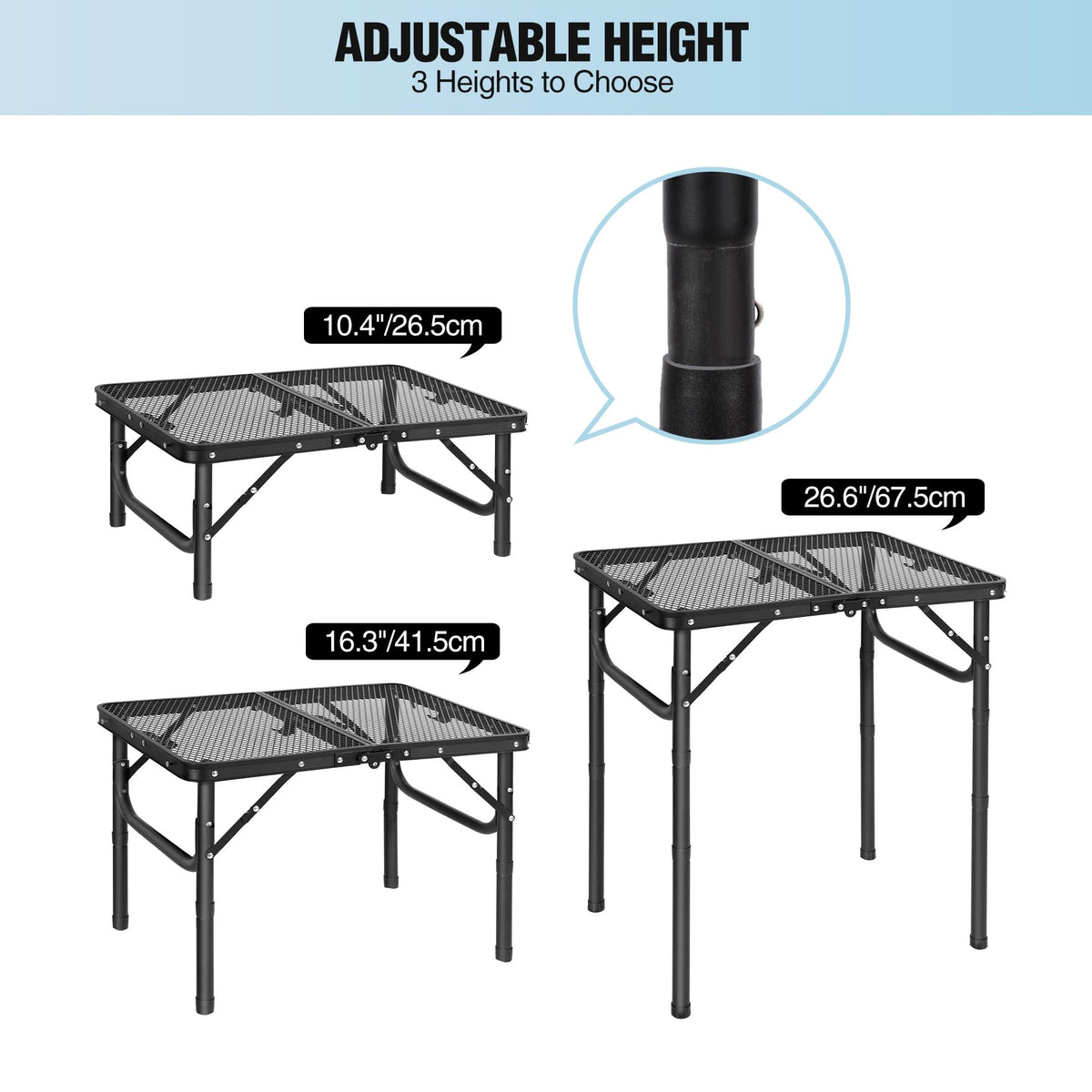 Lightweight Height Adjustable Aluminum Folding Grill Table with Mesh Desktop, Black H1573