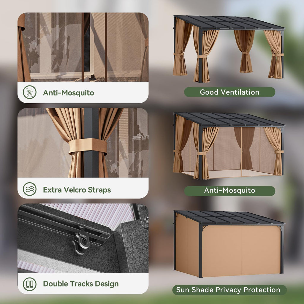 12'x10' Lean to Gazebo with Mosquito Net and Curtains, Brown S286