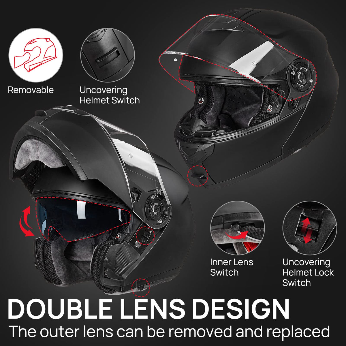 Matte Black Large Modular Full Face Motorcycle Helmet U633