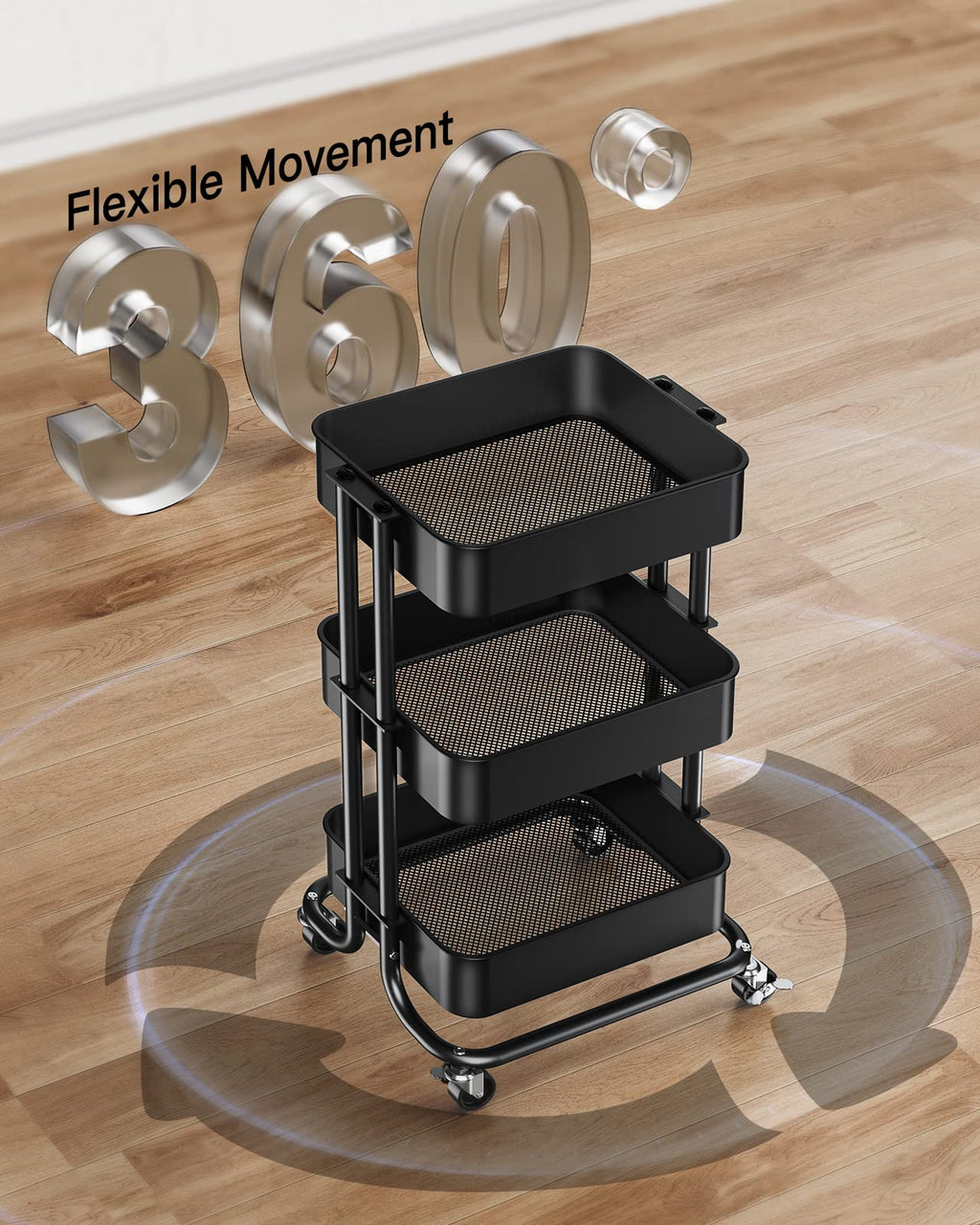 3 Tier Metal Rolling Utility Cart with Lockable Wheels, Black C7557