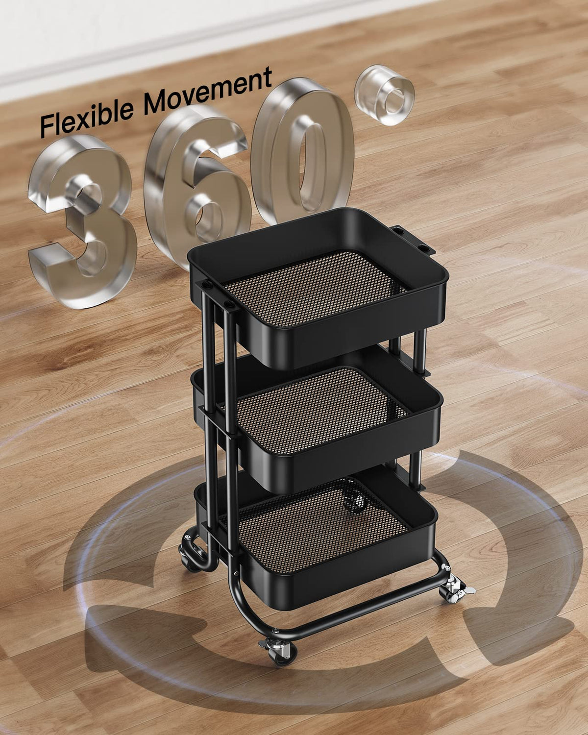 3 Tier Metal Rolling Utility Cart with Lockable Wheels, Black C7557