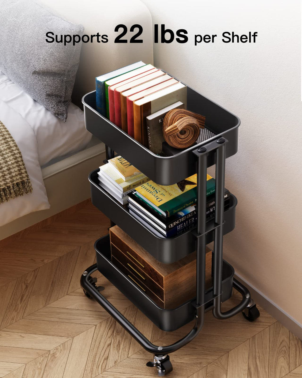 3 Tier Metal Rolling Utility Cart with Lockable Wheels, Black C7557