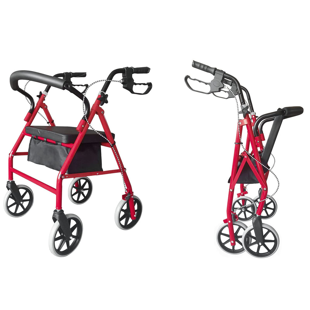 Red Height Adjustable Steel Rolling Walker with Seat C784