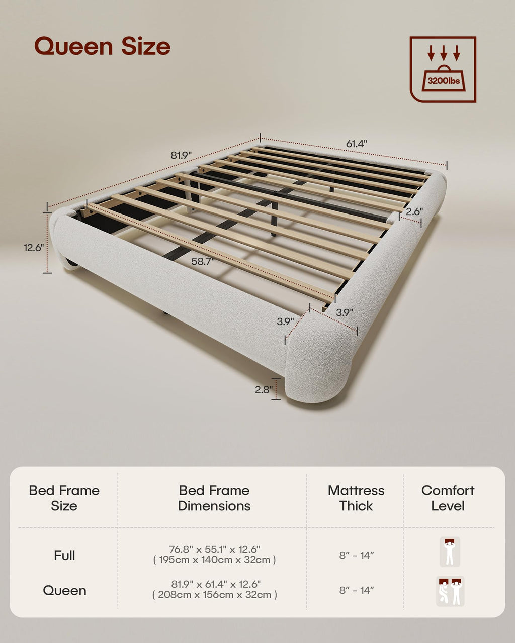 Queen Size White Boucle Upholstered Bed Frame Y648