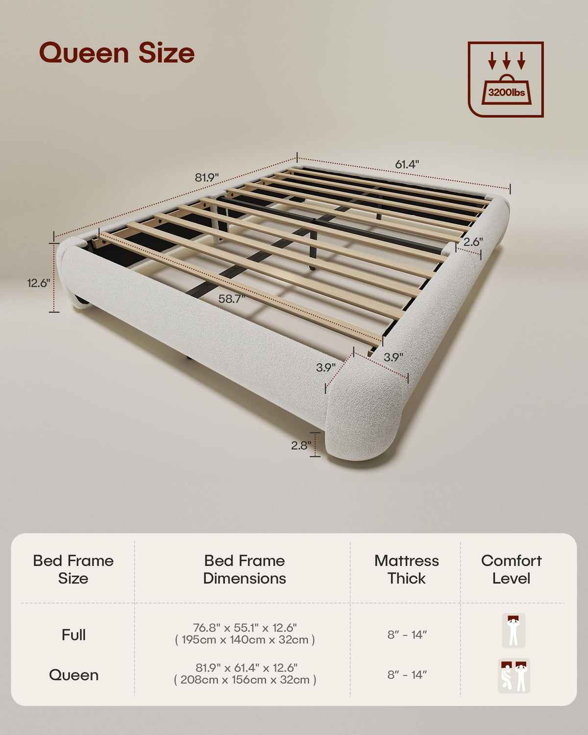 Queen Size White Boucle Upholstered Bed Frame Y648