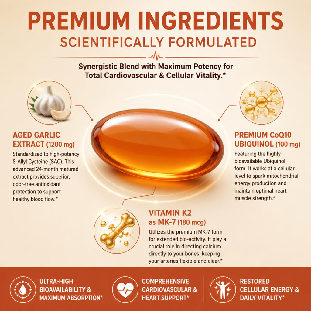 Aged Garlic Extract 1200 mg Softgels with CoQ10 Ubiquinol & Vitamin K2 180 Counts D204