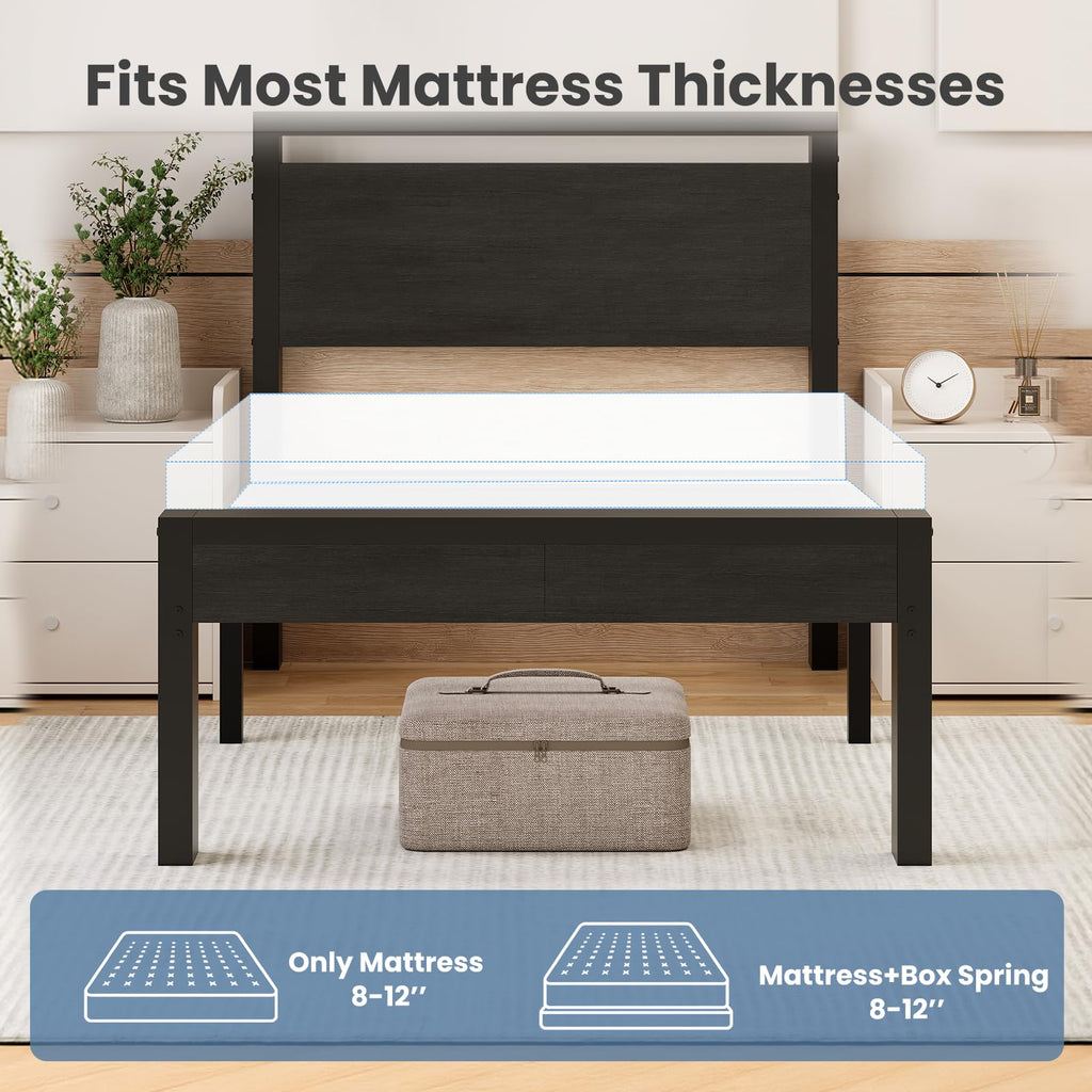 Black Twin Metal Bed Frame with Wooden Headboard and Footboard T1827