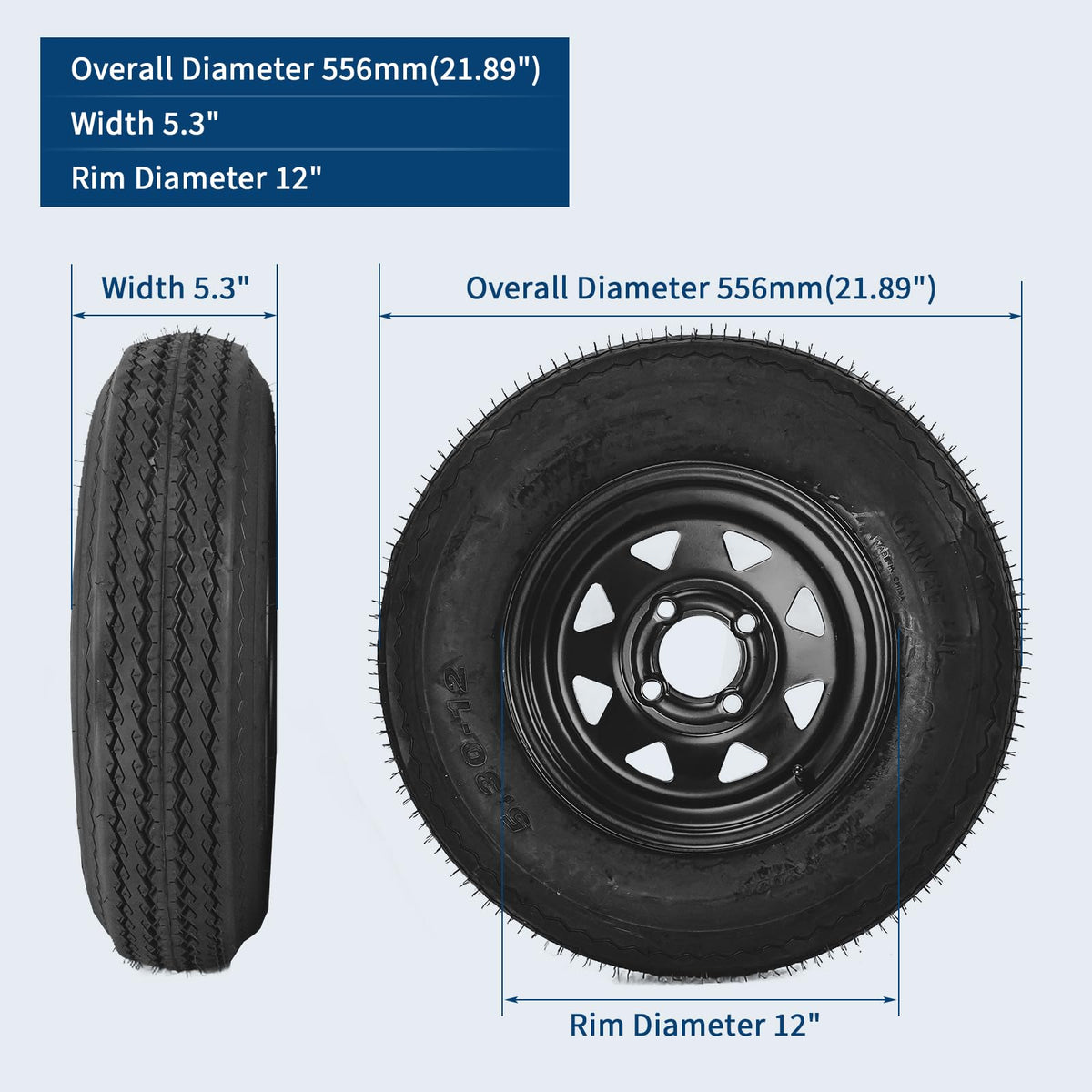 2-Pack Trailer Tire On Rim 5.30-12 4 Lug 12 in Wheels Load Range C Black L984485